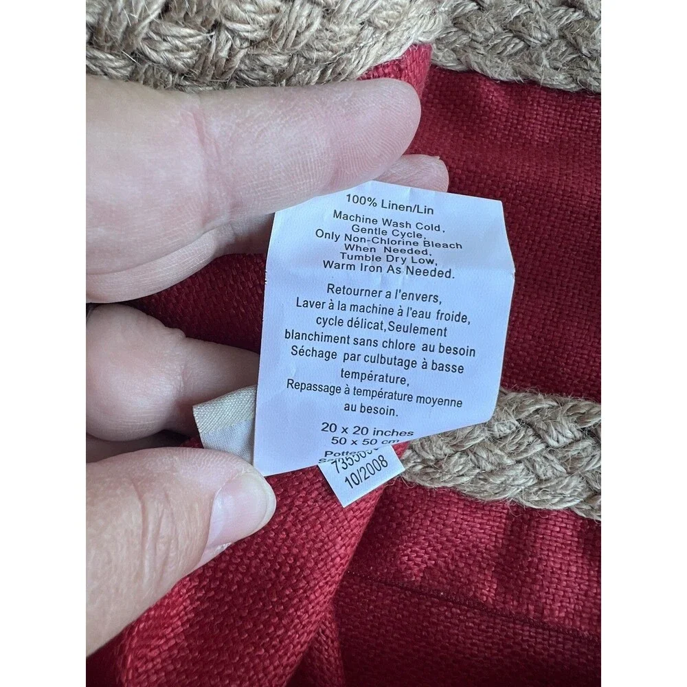 Pottery Barn 20x20 Red Linen Zipper Pillow Cover w Jute Trim